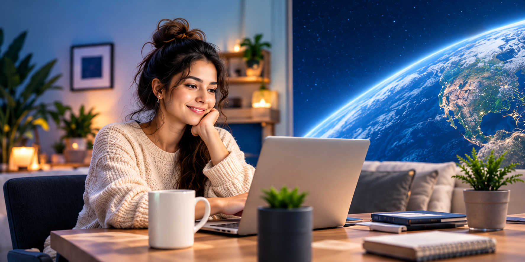 Young professional working remotely from home on a laptop with a view of the Earth