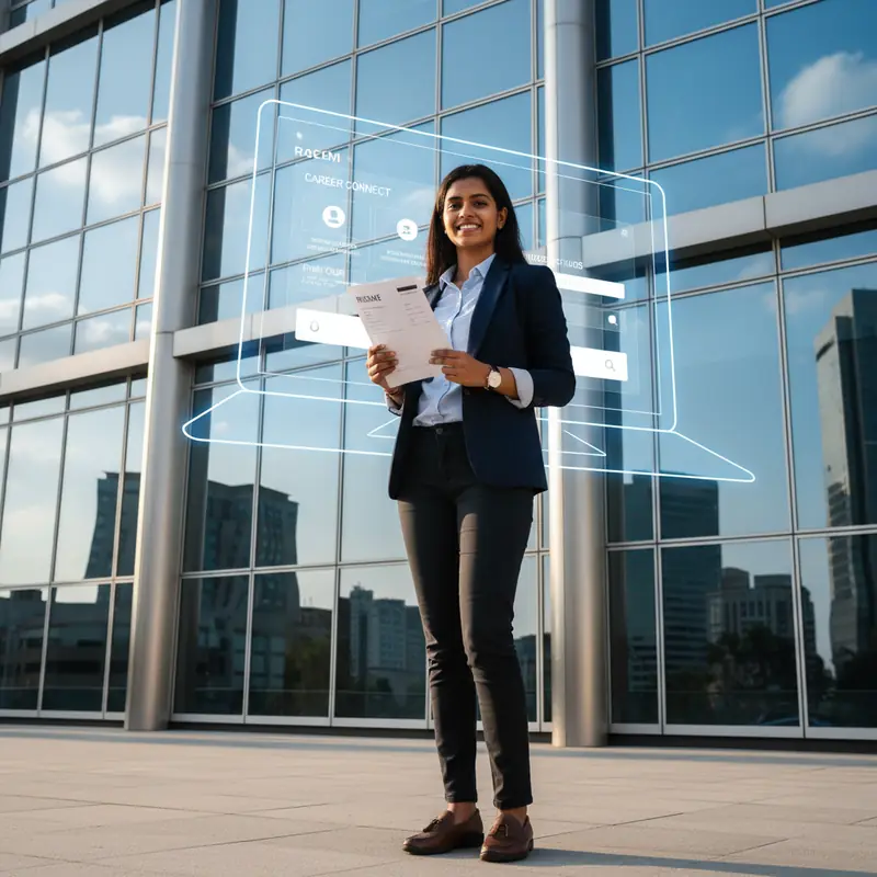 Young Indian graduate holding resume in front of modern office building with digital career portal…
