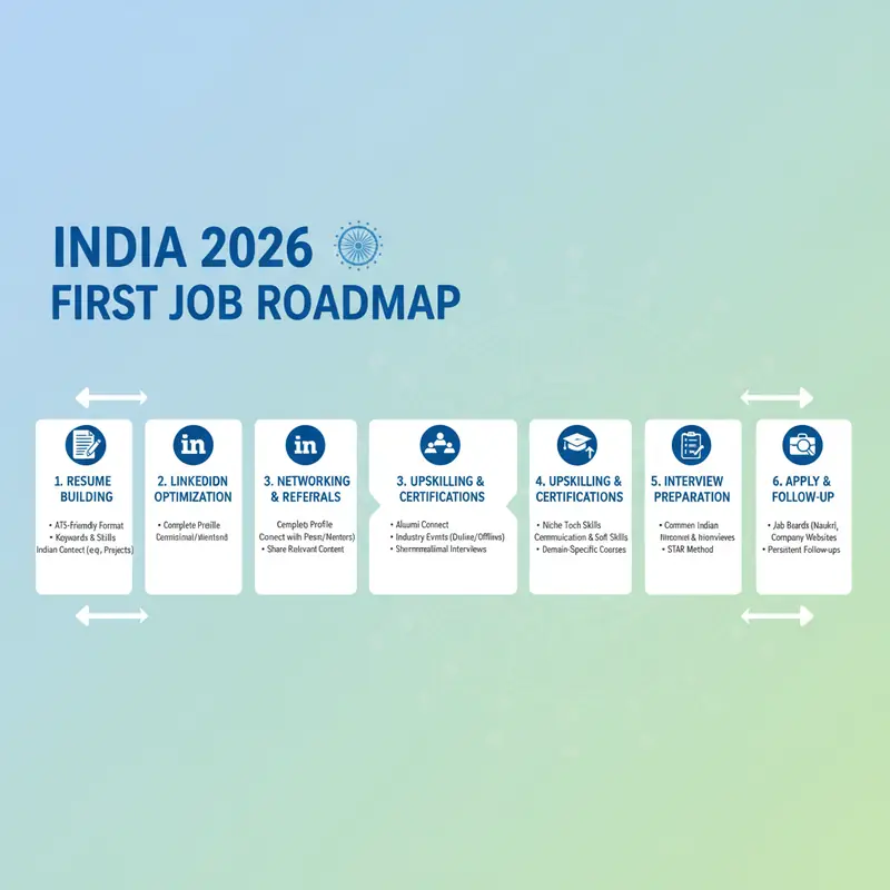 India 2026 First Job Roadmap showing 6 steps from resume building to applying and follow-up