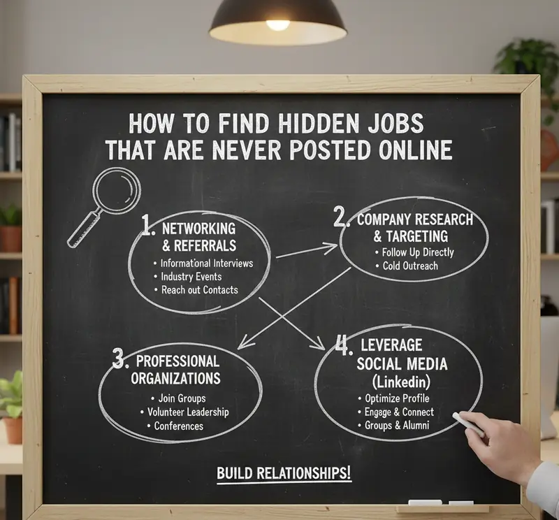 Chalkboard showing 4 strategies to find hidden jobs including networking, company research,…