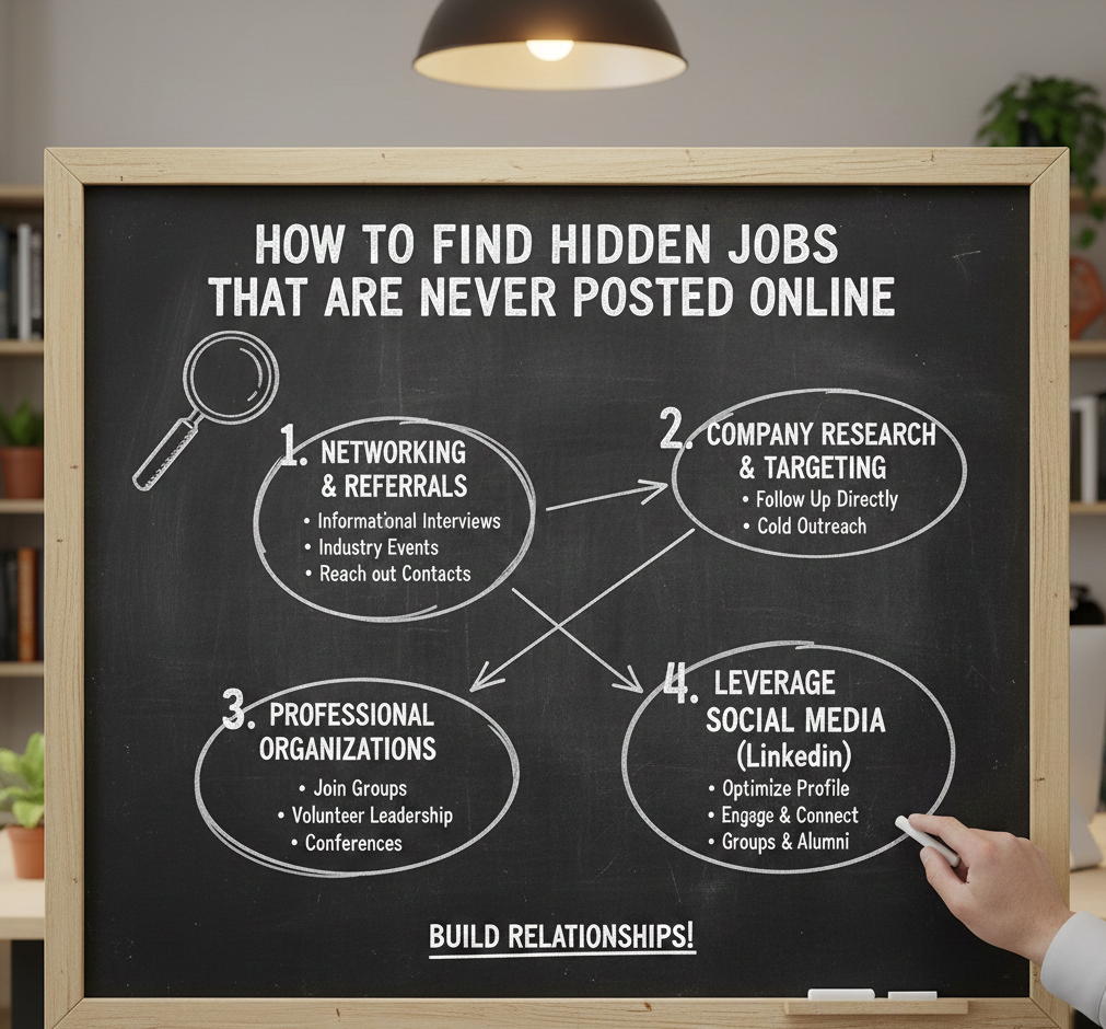 Chalkboard showing 4 strategies to find hidden jobs including networking, company research, professional organizations, and social media