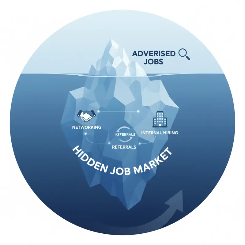 Hidden job market iceberg showing advertised jobs above water and networking, referrals, and…