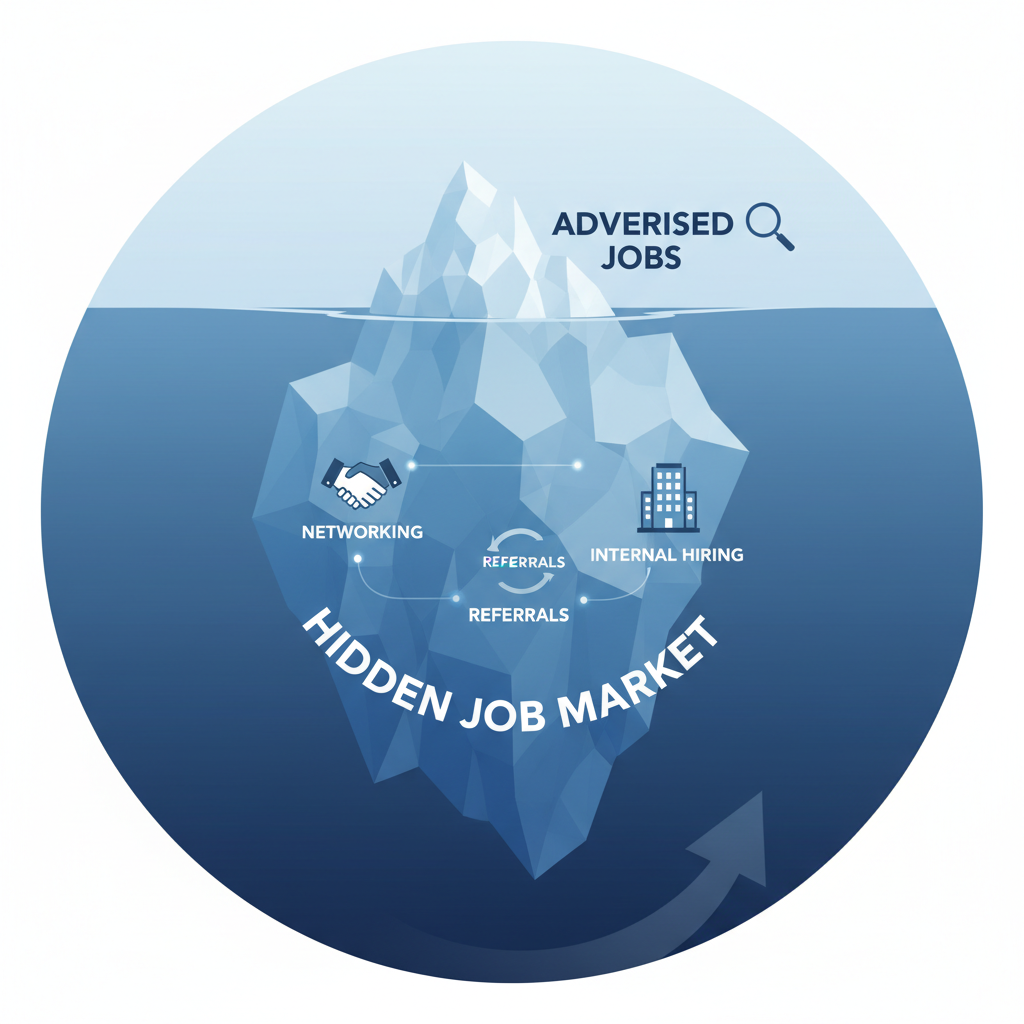 Hidden job market iceberg showing advertised jobs above water and networking, referrals, and internal hiring below