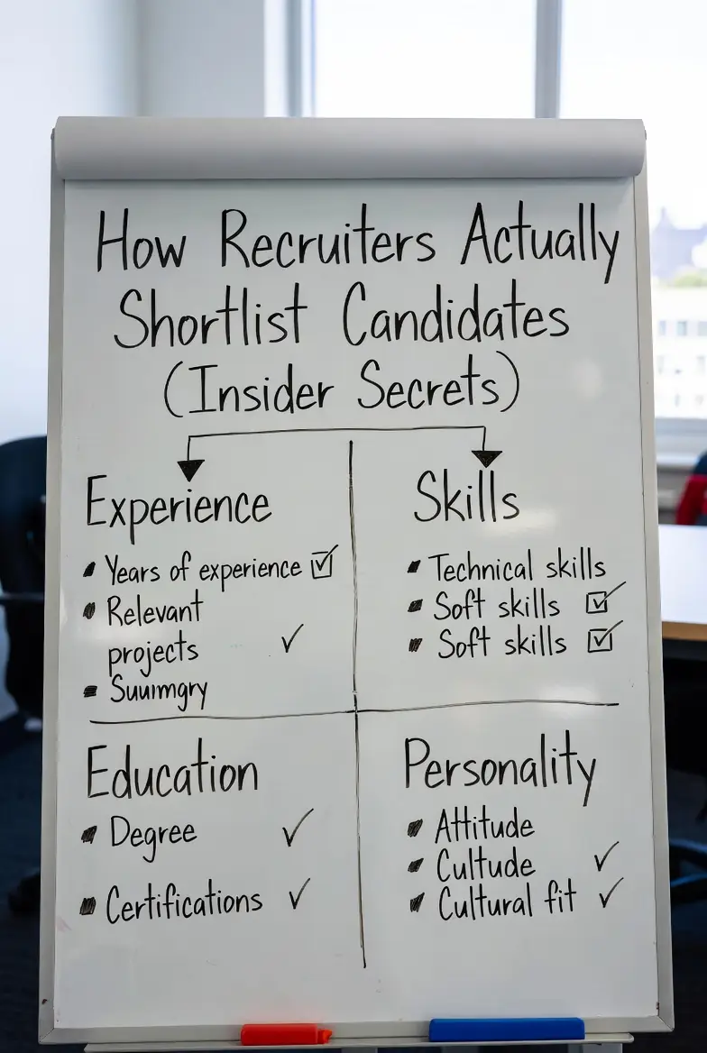 Whiteboard showing the four key areas recruiters evaluate: Experience, Skills, Education, and…
