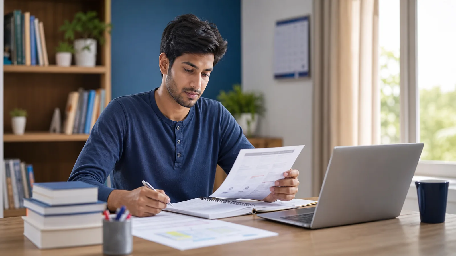 Government job aspirant reviewing an application checklist and exam notes